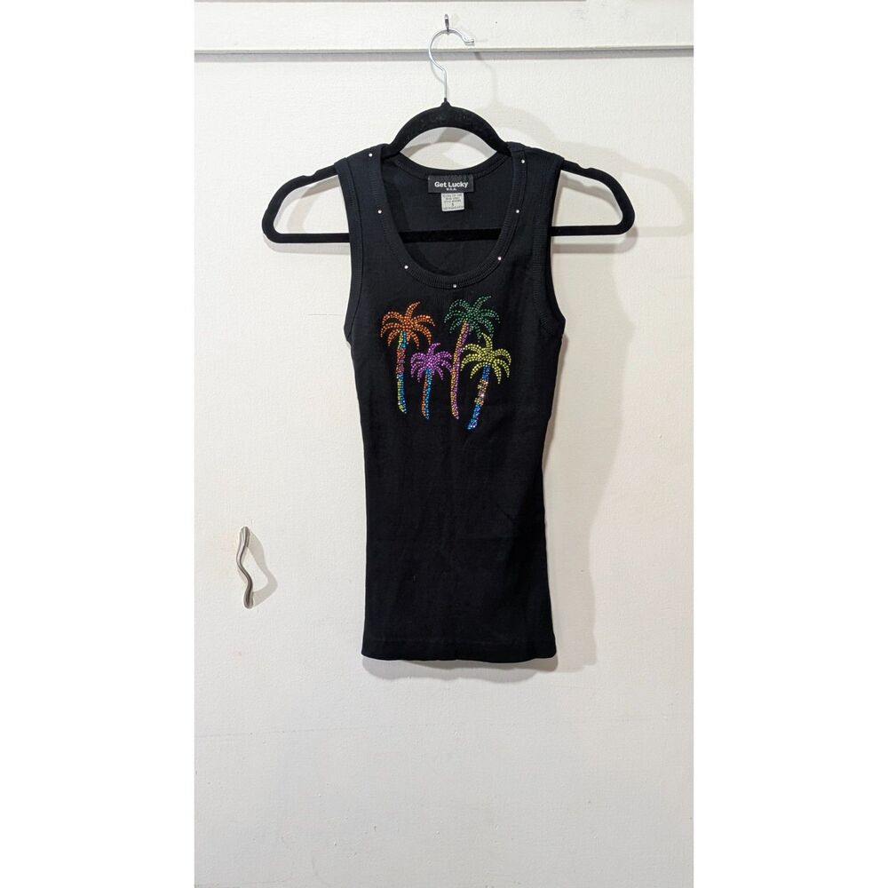 Rhinestoned Palm Tree Black Tank Top sz S